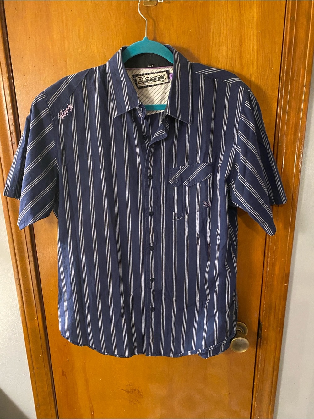Billabong Navy and White Striped Short Sleeve Button-Down Shirt